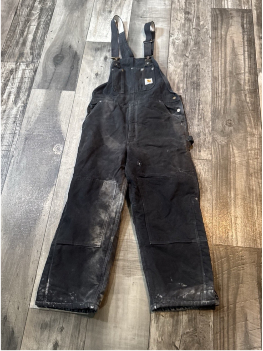 Vtg Carhartt R03 BLK 38x28 Overalls Lined Double Knee Distressed Holes Bleached